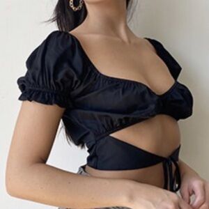 Black Satin Ruffled Short Sleeve Cut Out Crop Top